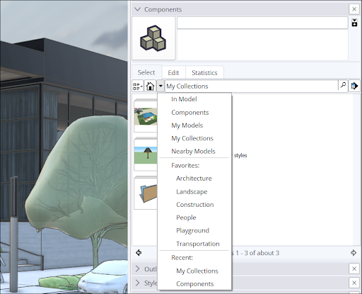 انتخاب مجموعه آبجکت در پنل Components اسکچاپ