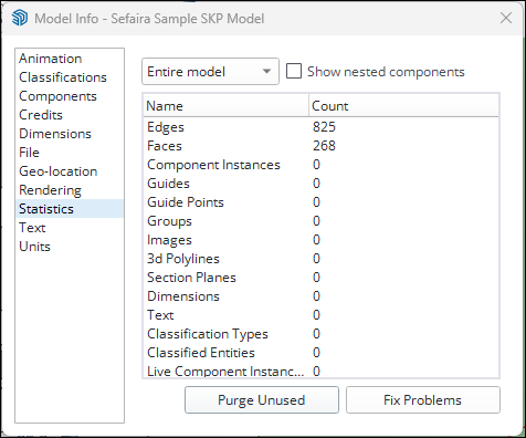 پنجره Statistics و گزینه Purge Unused در SketchUp